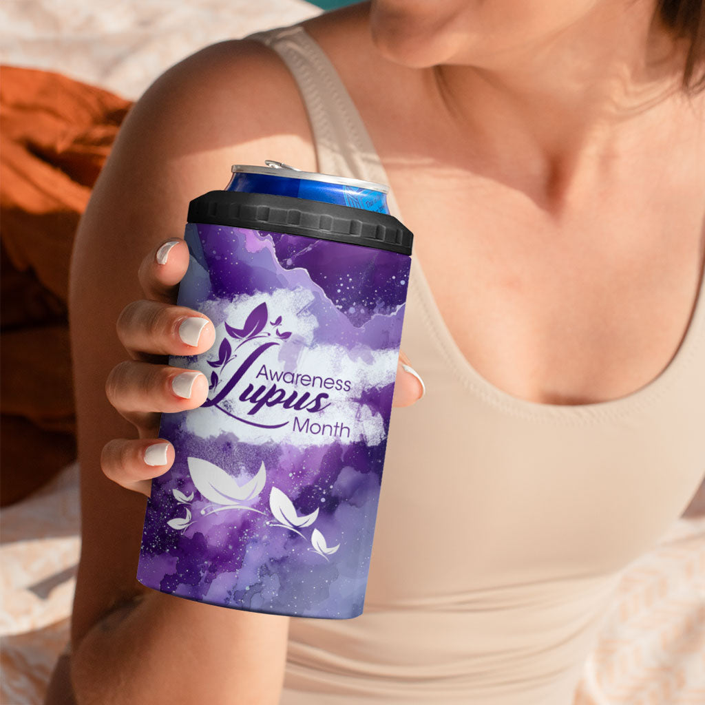 Lupus Awareness Month 4 in 1 Can Cooler Tumbler Purple Ribbon Watercolor Galaxy Butterfly Floral Support Art