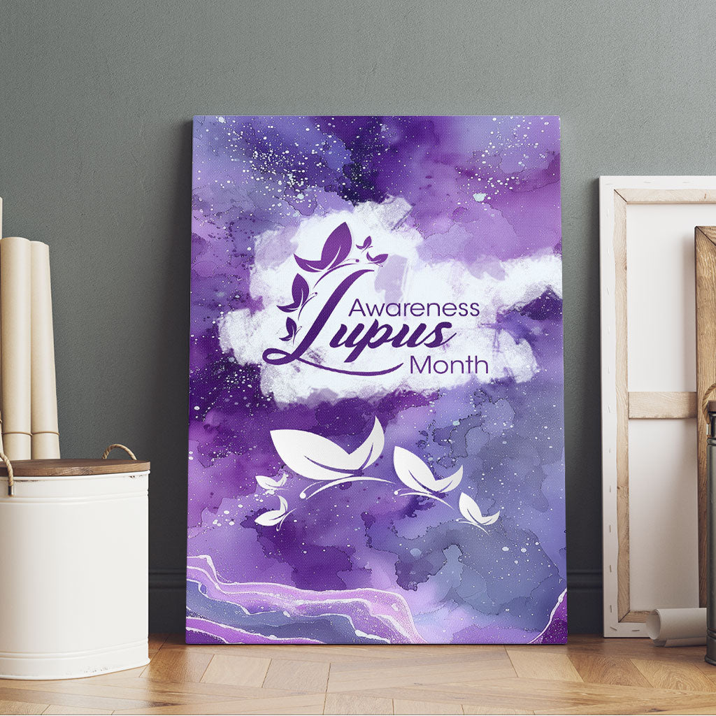 Lupus Awareness Month Canvas Wall Art Purple Ribbon Watercolor Galaxy Butterfly Floral Support Art
