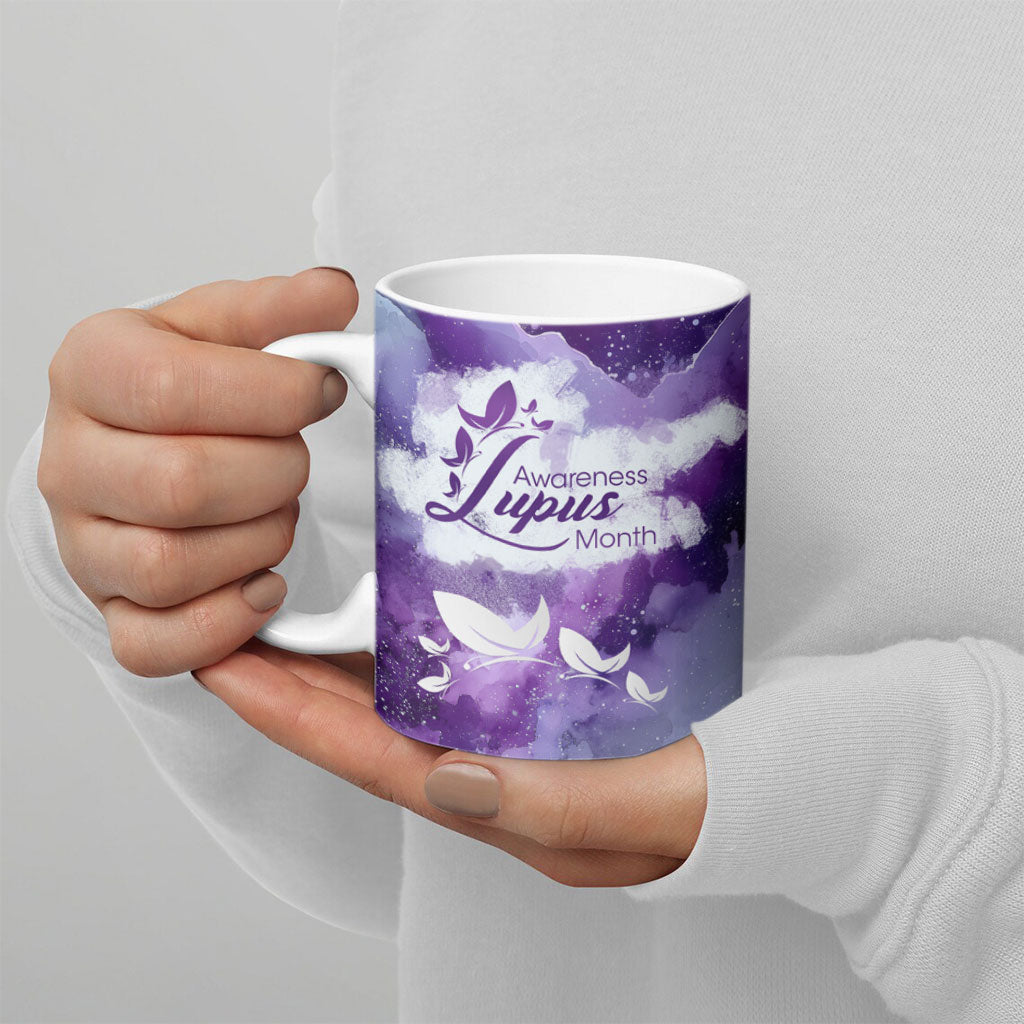 Lupus Awareness Month Ceramic Mug Purple Ribbon Watercolor Galaxy Butterfly Floral Support Art