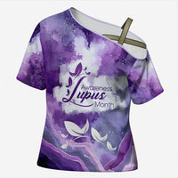 Lupus Awareness Month Cross Shoulder Shirt Purple Ribbon Watercolor Galaxy Butterfly Floral Support Art