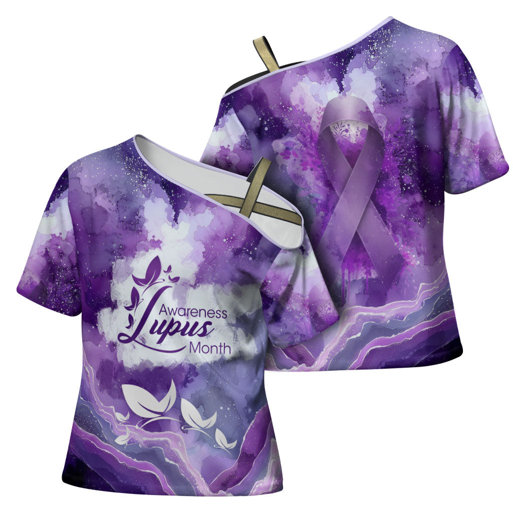 Lupus Awareness Month Cross Shoulder Shirt Purple Ribbon Watercolor Galaxy Butterfly Floral Support Art
