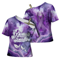 Lupus Awareness Month Cross Shoulder Shirt Purple Ribbon Watercolor Galaxy Butterfly Floral Support Art