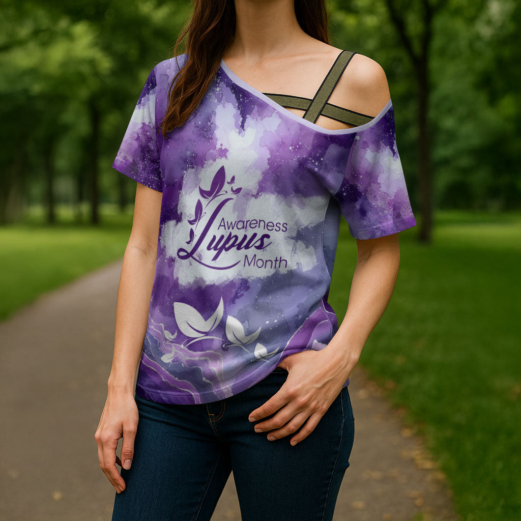 Lupus Awareness Month Cross Shoulder Shirt Purple Ribbon Watercolor Galaxy Butterfly Floral Support Art