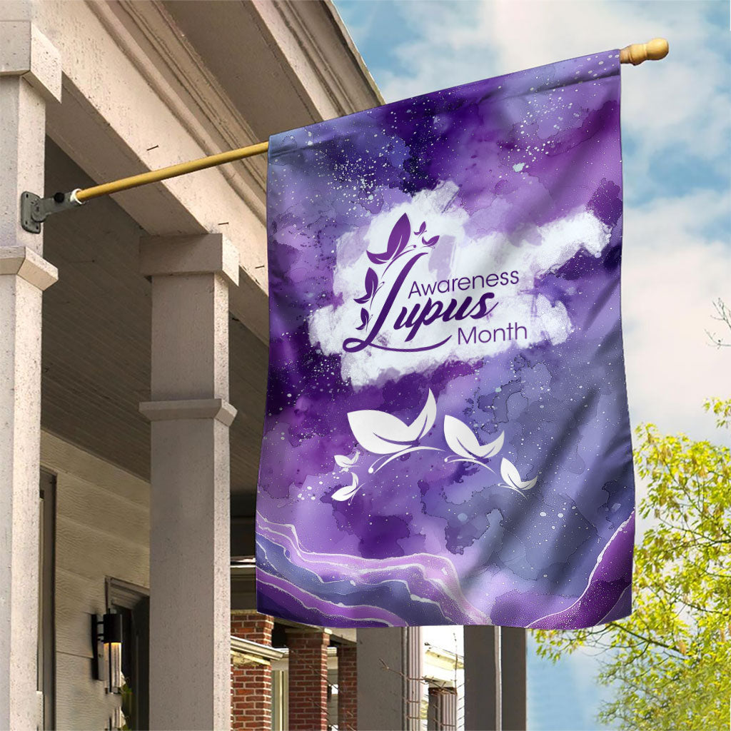 Lupus Awareness Month Garden Flag Purple Ribbon Watercolor Galaxy Butterfly Floral Support Art