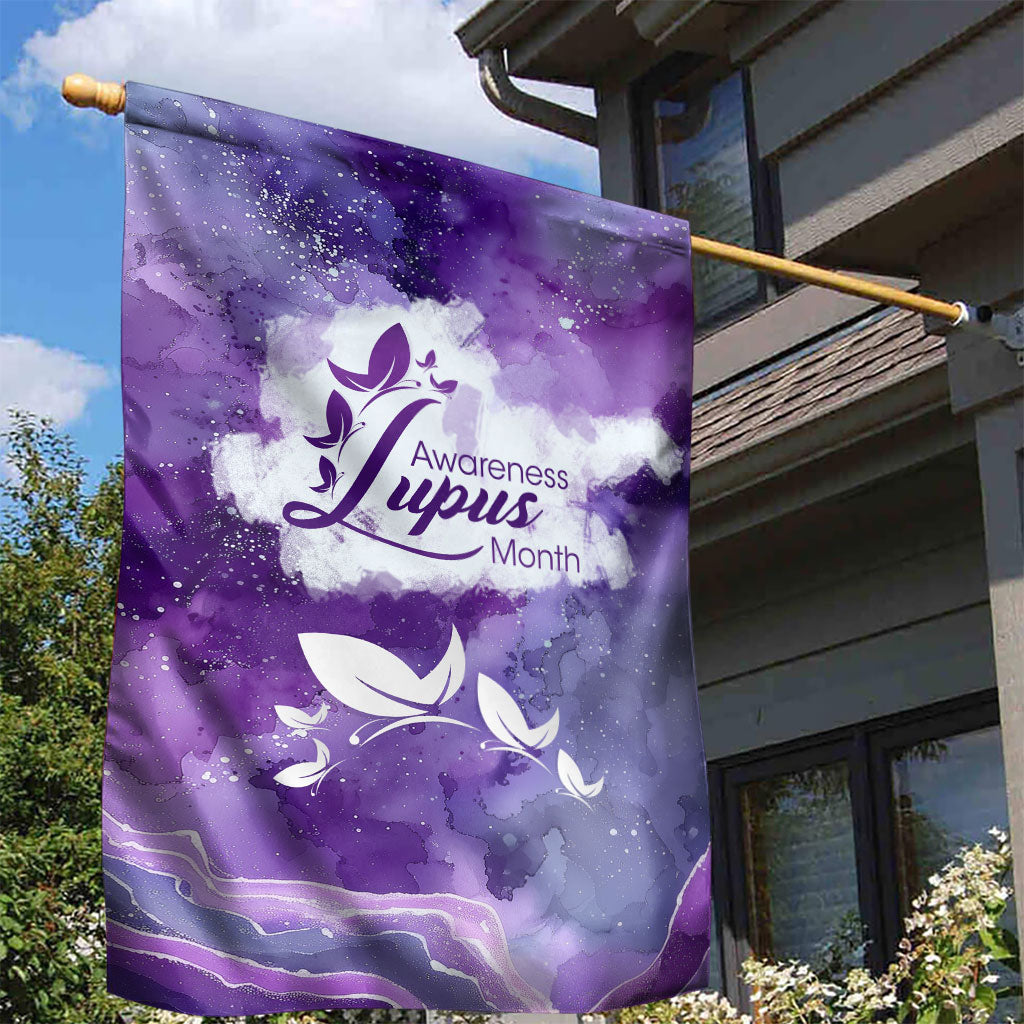 Lupus Awareness Month Garden Flag Purple Ribbon Watercolor Galaxy Butterfly Floral Support Art