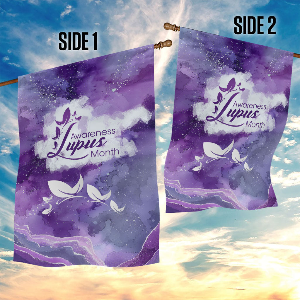 Lupus Awareness Month Garden Flag Purple Ribbon Watercolor Galaxy Butterfly Floral Support Art
