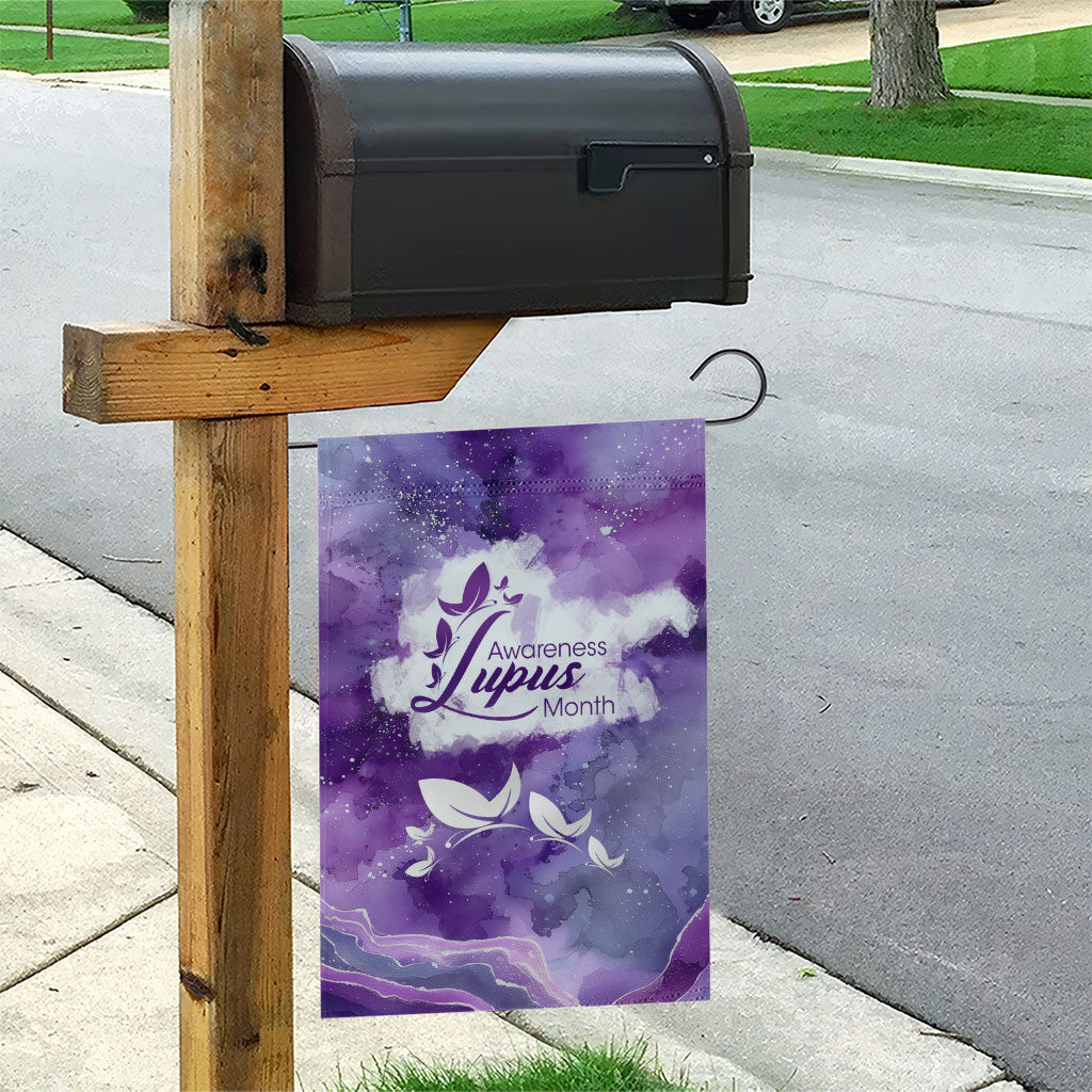 Lupus Awareness Month Garden Flag Purple Ribbon Watercolor Galaxy Butterfly Floral Support Art