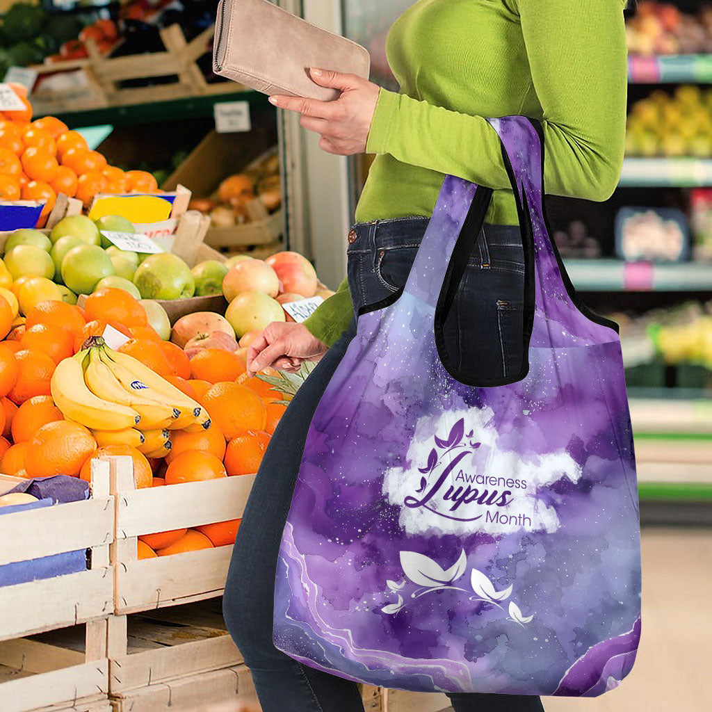 Lupus Awareness Month Grocery Bag Purple Ribbon Watercolor Galaxy Butterfly Floral Support Art