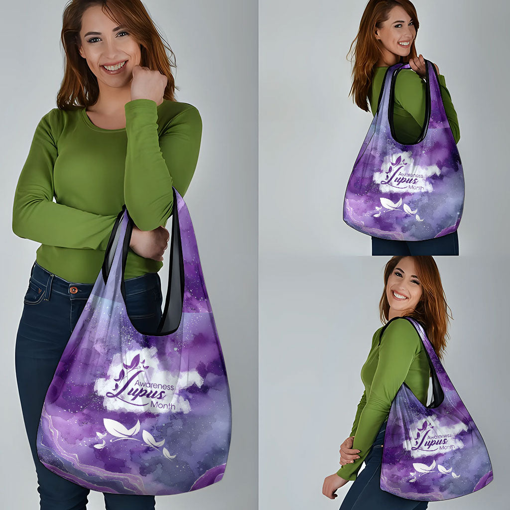 Lupus Awareness Month Grocery Bag Purple Ribbon Watercolor Galaxy Butterfly Floral Support Art