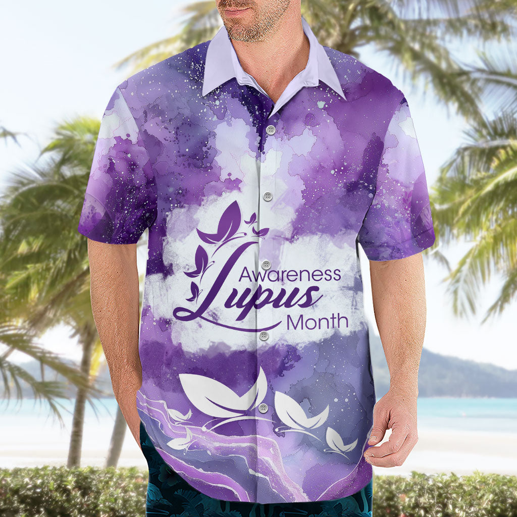 Lupus Awareness Month Hawaiian Shirt Purple Ribbon Watercolor Galaxy Butterfly Floral Support Art