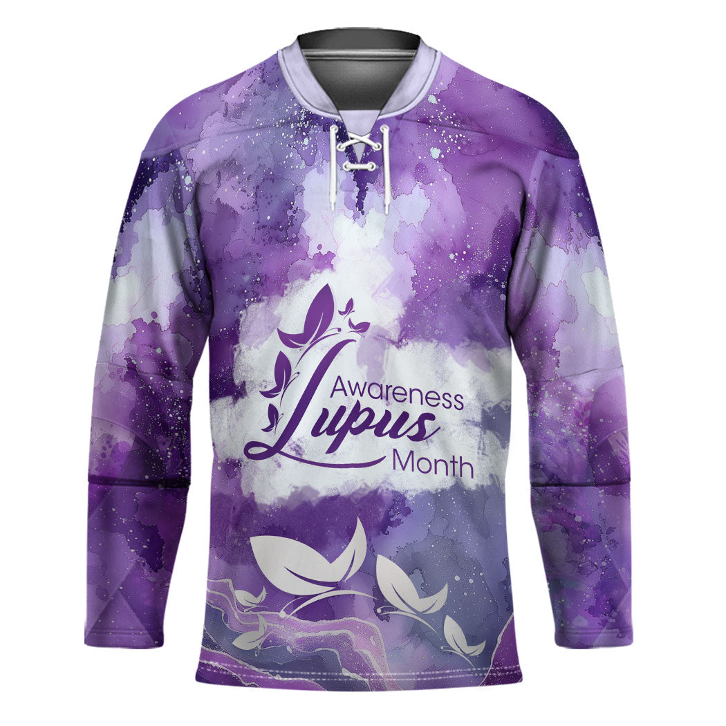 Lupus Awareness Month Hockey Jersey Purple Ribbon Watercolor Galaxy Butterfly Floral Support Art