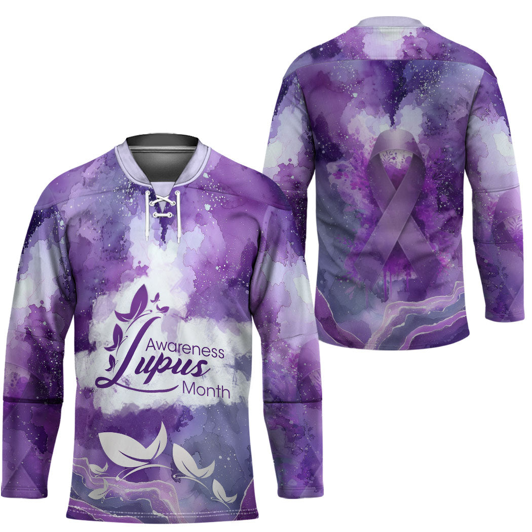 Lupus Awareness Month Hockey Jersey Purple Ribbon Watercolor Galaxy Butterfly Floral Support Art