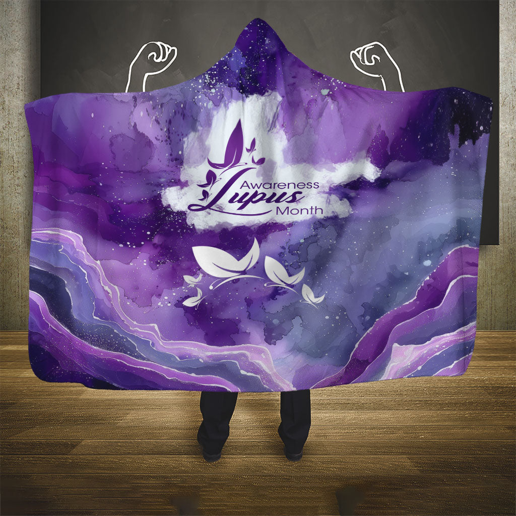 Lupus Awareness Month Hooded Blanket Purple Ribbon Watercolor Galaxy Butterfly Floral Support Art