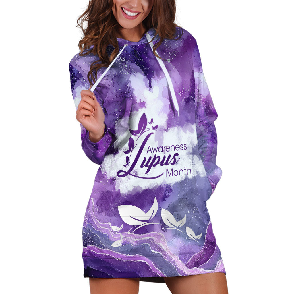 Lupus Awareness Month Hoodie Dress Purple Ribbon Watercolor Galaxy Butterfly Floral Support Art