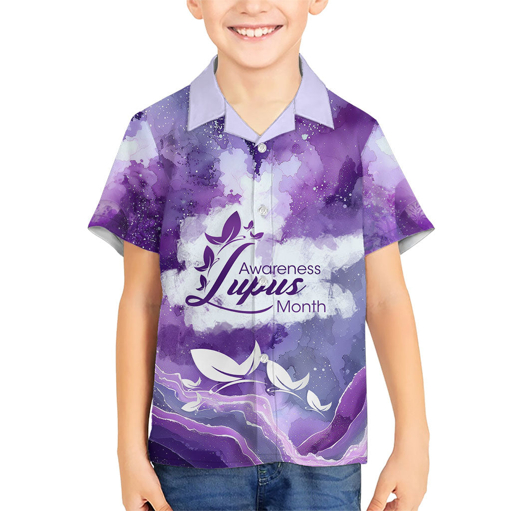 Lupus Awareness Month Kid Hawaiian Shirt Purple Ribbon Watercolor Galaxy Butterfly Floral Support Art