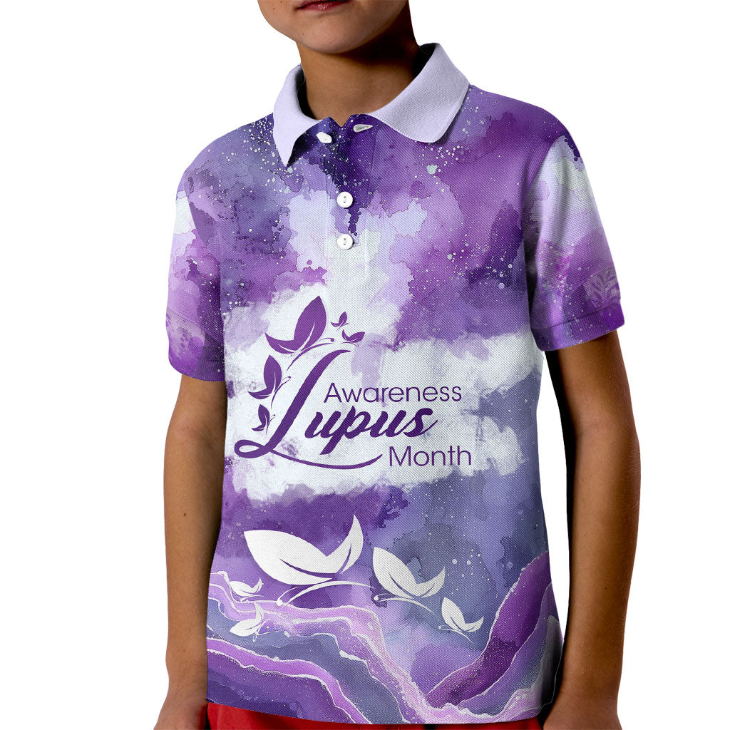 Lupus Awareness Month Kid Polo Shirt Purple Ribbon Watercolor Galaxy Butterfly Floral Support Art