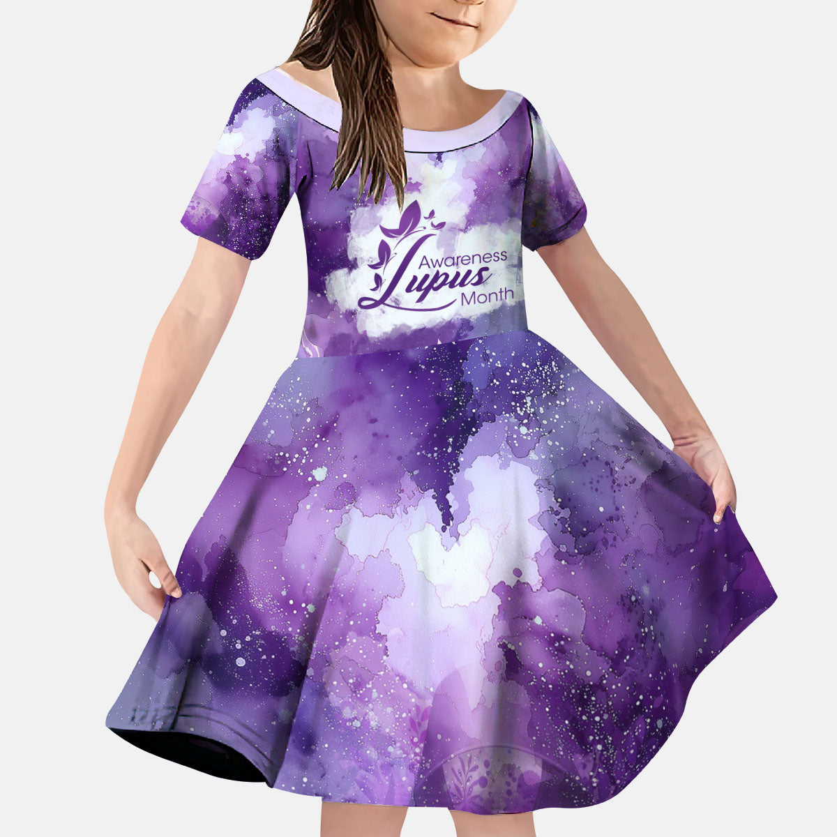 Lupus Awareness Month Kid Short Sleeve Dress Purple Ribbon Watercolor Galaxy Butterfly Floral Support Art