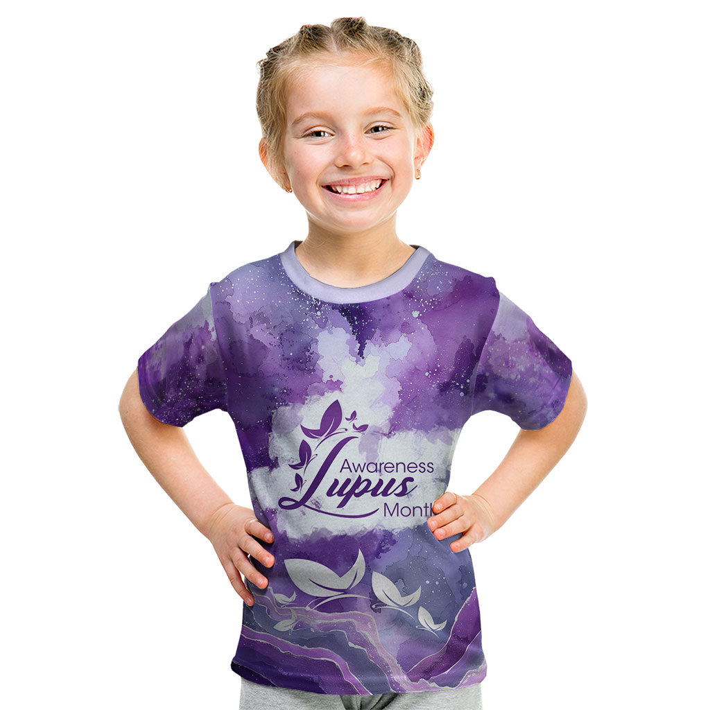 Lupus Awareness Month Kid T Shirt Purple Ribbon Watercolor Galaxy Butterfly Floral Support Art