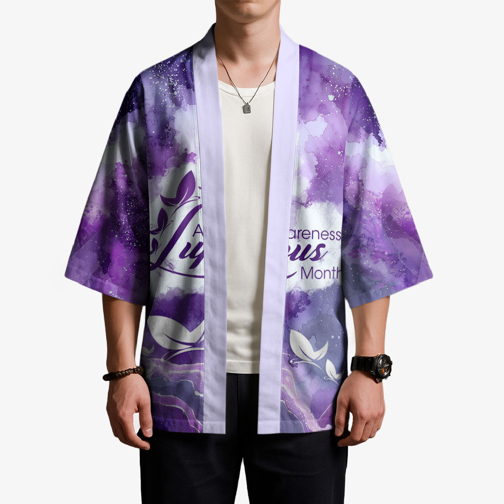Lupus Awareness Month Kimono Purple Ribbon Watercolor Galaxy Butterfly Floral Support Art