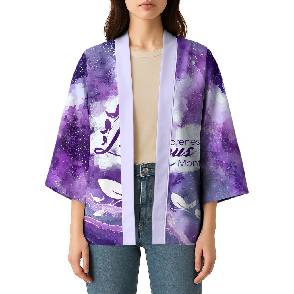 Lupus Awareness Month Kimono Purple Ribbon Watercolor Galaxy Butterfly Floral Support Art