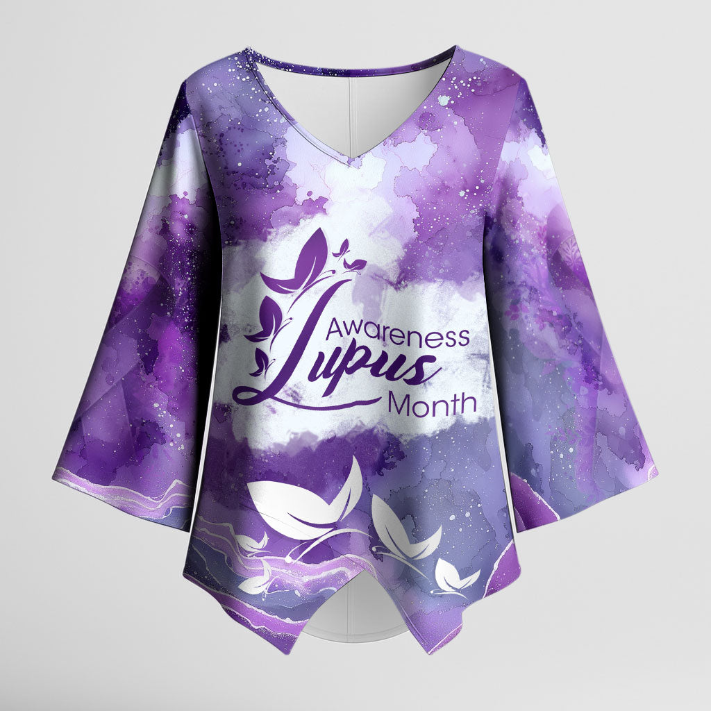 Lupus Awareness Month Kimono Sleeve Blouse Purple Ribbon Watercolor Galaxy Butterfly Floral Support Art