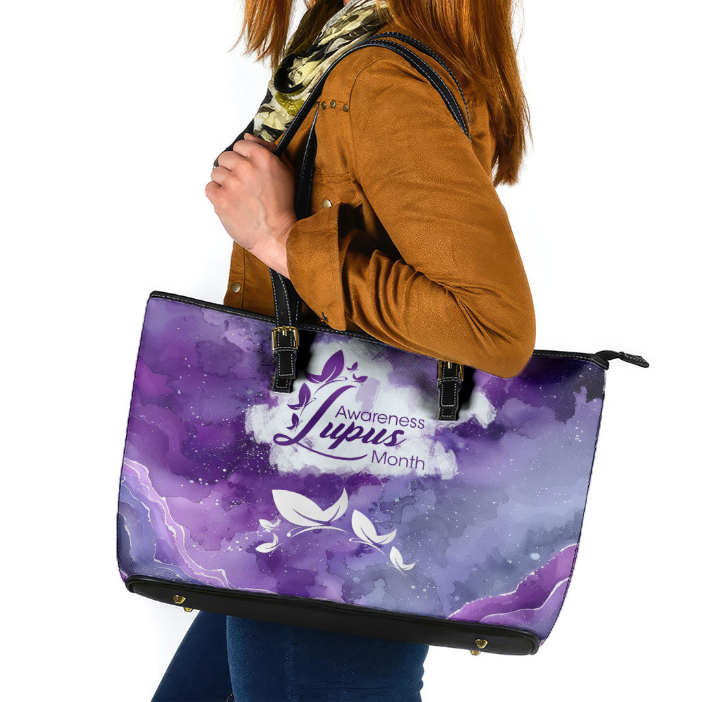 Lupus Awareness Month Leather Tote Bag Purple Ribbon Watercolor Galaxy Butterfly Floral Support Art