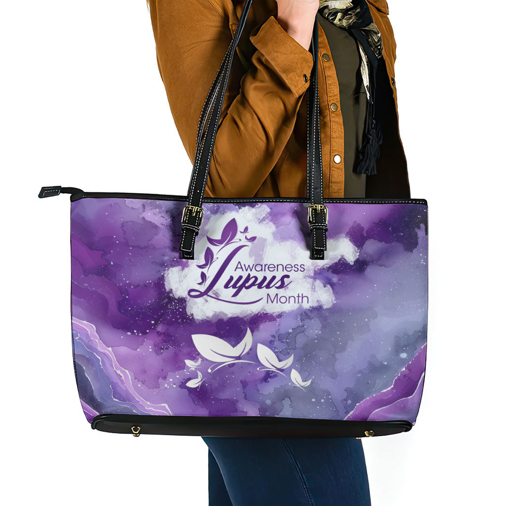 Lupus Awareness Month Leather Tote Bag Purple Ribbon Watercolor Galaxy Butterfly Floral Support Art