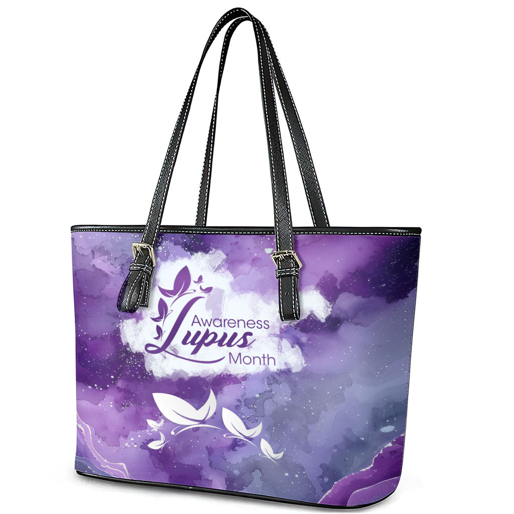 Lupus Awareness Month Leather Tote Bag Purple Ribbon Watercolor Galaxy Butterfly Floral Support Art