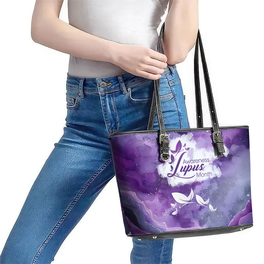 Lupus Awareness Month Leather Tote Bag Purple Ribbon Watercolor Galaxy Butterfly Floral Support Art