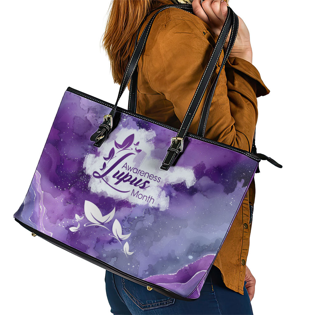 Lupus Awareness Month Leather Tote Bag Purple Ribbon Watercolor Galaxy Butterfly Floral Support Art