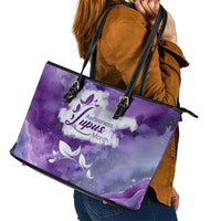 Lupus Awareness Month Leather Tote Bag Purple Ribbon Watercolor Galaxy Butterfly Floral Support Art