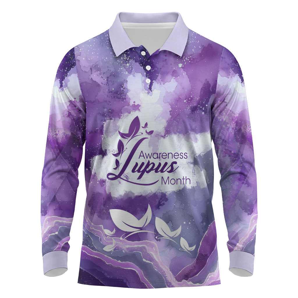 Lupus Awareness Month Long Sleeve Polo Shirt Purple Ribbon Watercolor Galaxy Butterfly Floral Support Art