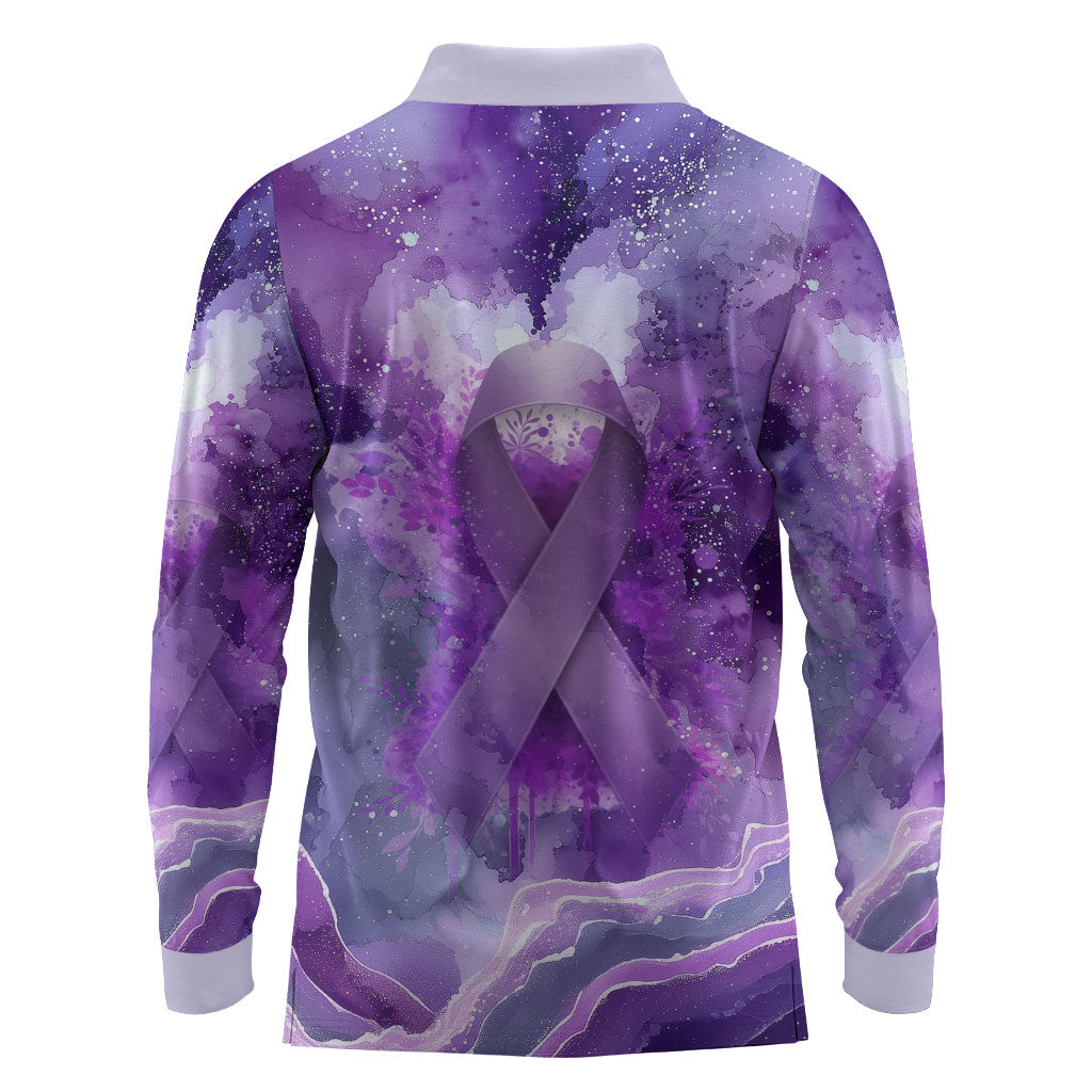 Lupus Awareness Month Long Sleeve Polo Shirt Purple Ribbon Watercolor Galaxy Butterfly Floral Support Art