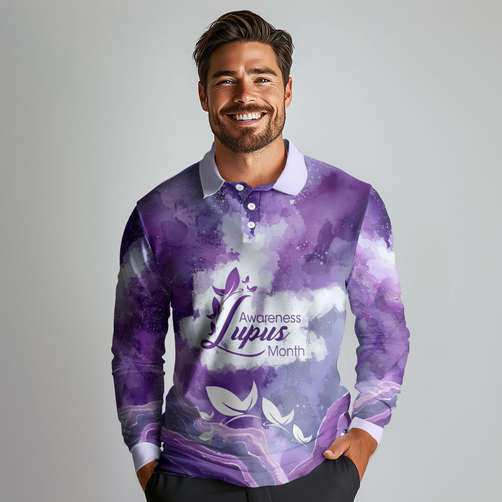 Lupus Awareness Month Long Sleeve Polo Shirt Purple Ribbon Watercolor Galaxy Butterfly Floral Support Art