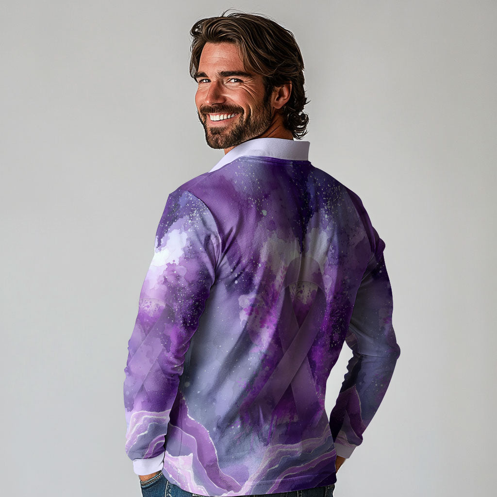 Lupus Awareness Month Long Sleeve Polo Shirt Purple Ribbon Watercolor Galaxy Butterfly Floral Support Art