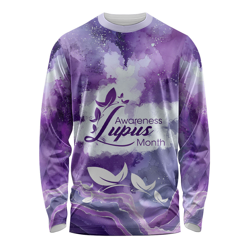 Lupus Awareness Month Long Sleeve Shirt Purple Ribbon Watercolor Galaxy Butterfly Floral Support Art