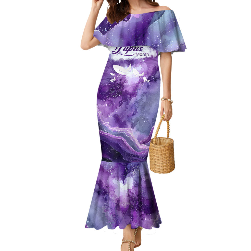 Lupus Awareness Month Mermaid Dress Purple Ribbon Watercolor Galaxy Butterfly Floral Support Art