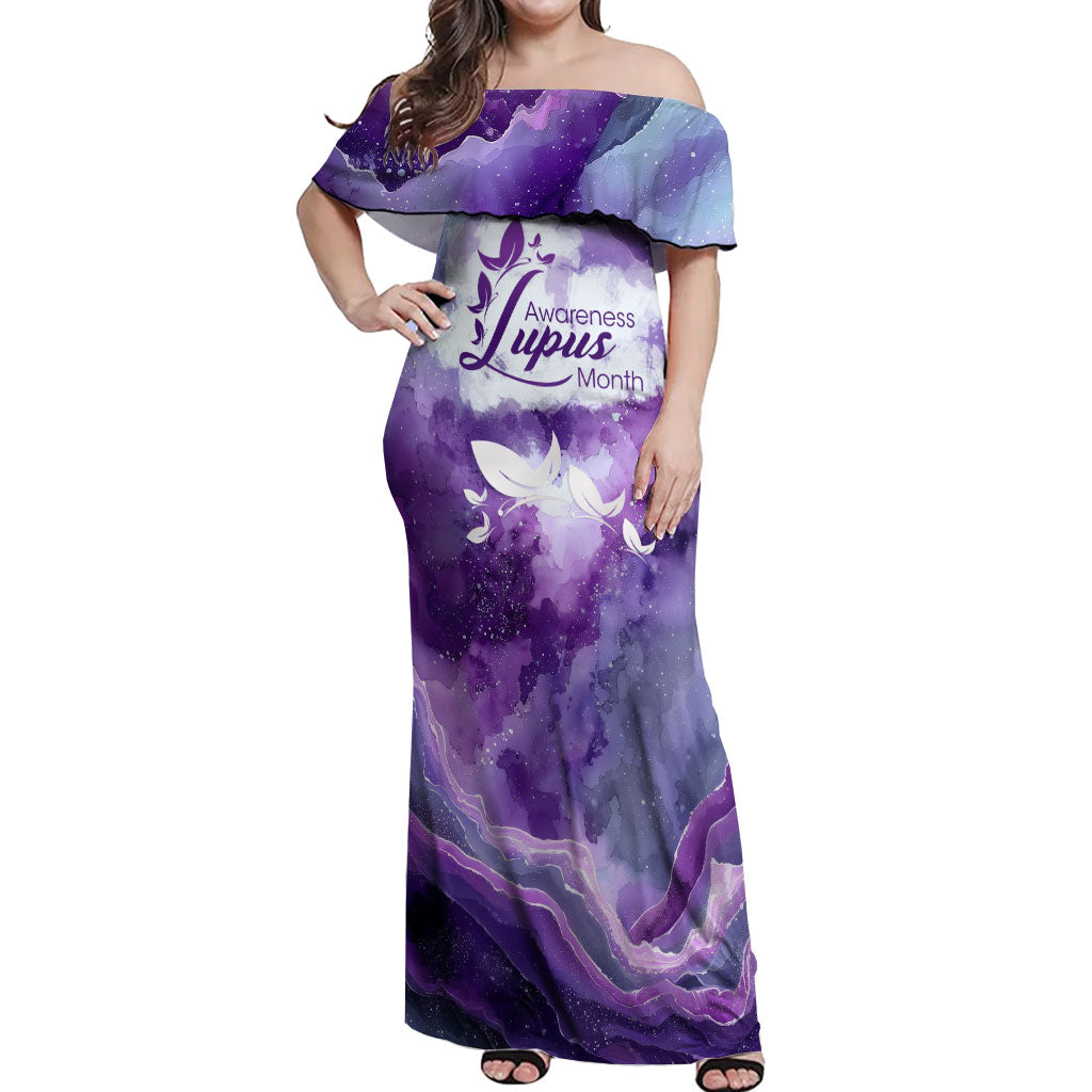 Lupus Awareness Month Off Shoulder Maxi Dress Purple Ribbon Watercolor Galaxy Butterfly Floral Support Art