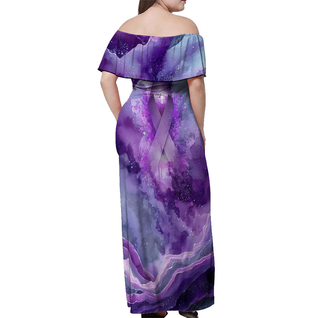 Lupus Awareness Month Off Shoulder Maxi Dress Purple Ribbon Watercolor Galaxy Butterfly Floral Support Art