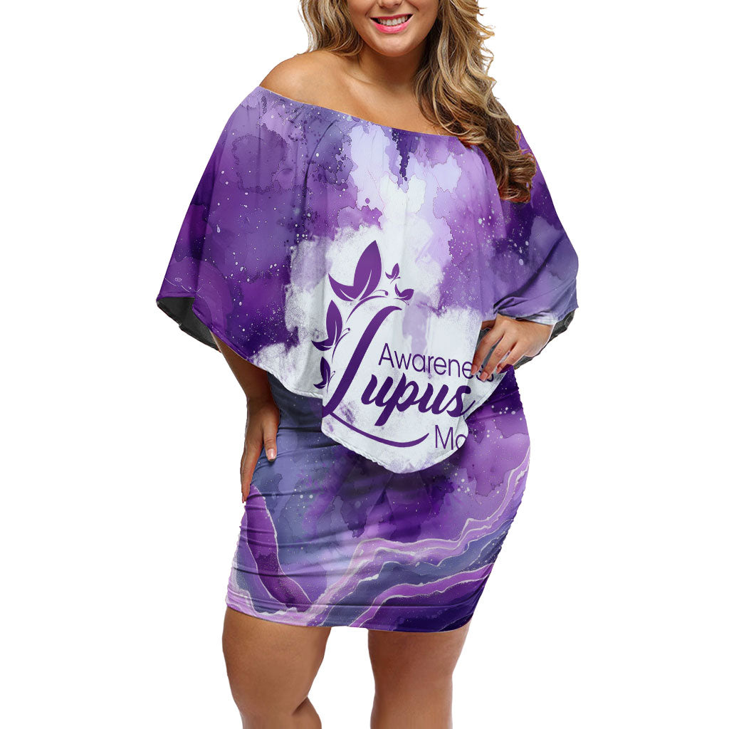 Lupus Awareness Month Off Shoulder Short Dress Purple Ribbon Watercolor Galaxy Butterfly Floral Support Art