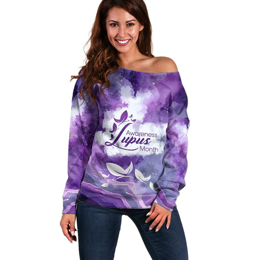 Lupus Awareness Month Off Shoulder Sweater Purple Ribbon Watercolor Galaxy Butterfly Floral Support Art