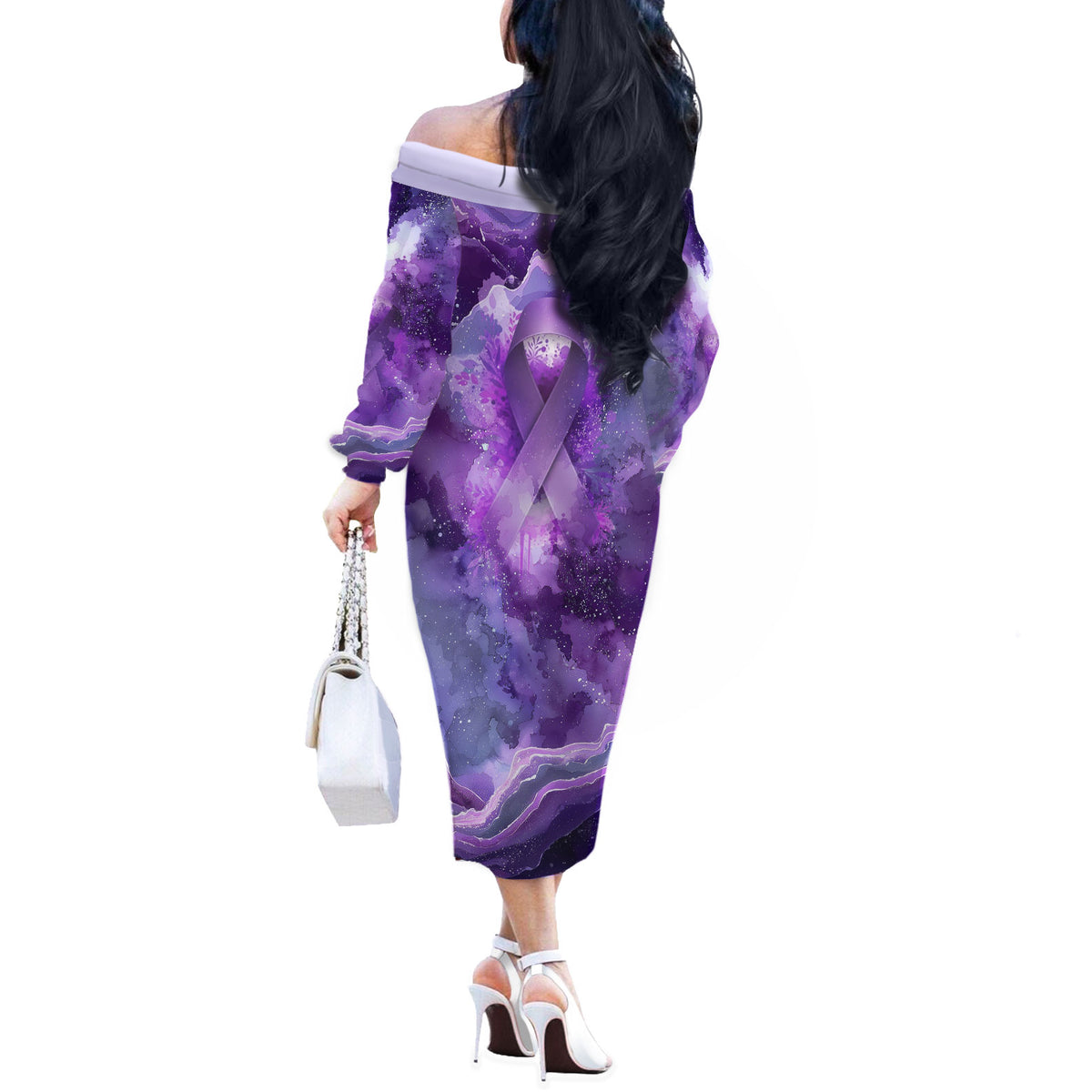 Lupus Awareness Month Off The Shoulder Long Sleeve Dress Purple Ribbon Watercolor Galaxy Butterfly Floral Support Art