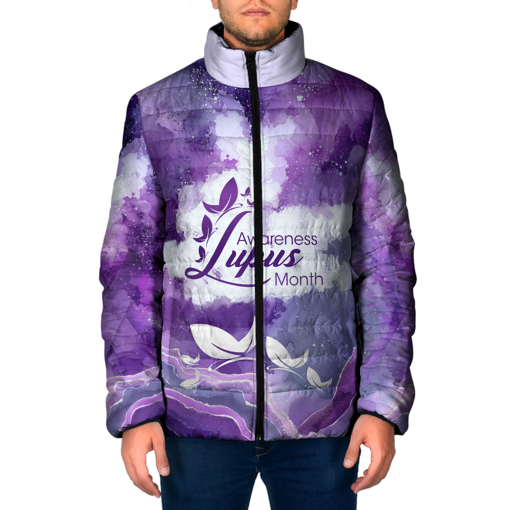 Lupus Awareness Month Padded Jacket Purple Ribbon Watercolor Galaxy Butterfly Floral Support Art