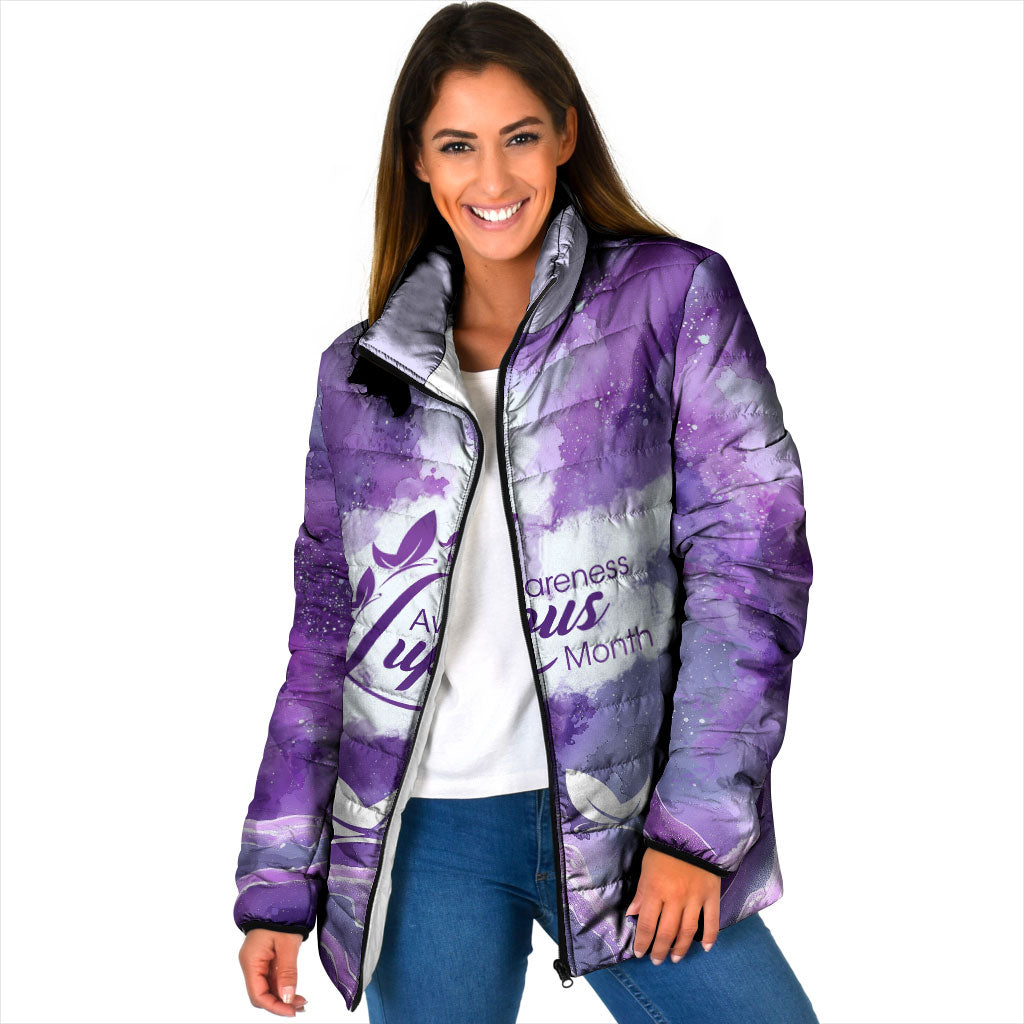 Lupus Awareness Month Padded Jacket Purple Ribbon Watercolor Galaxy Butterfly Floral Support Art