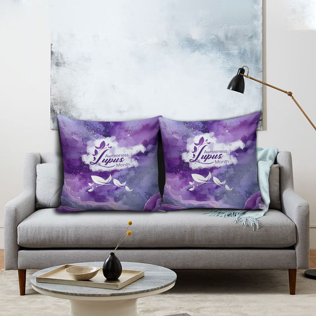 Lupus Awareness Month Pillow Cover Purple Ribbon Watercolor Galaxy Butterfly Floral Support Art