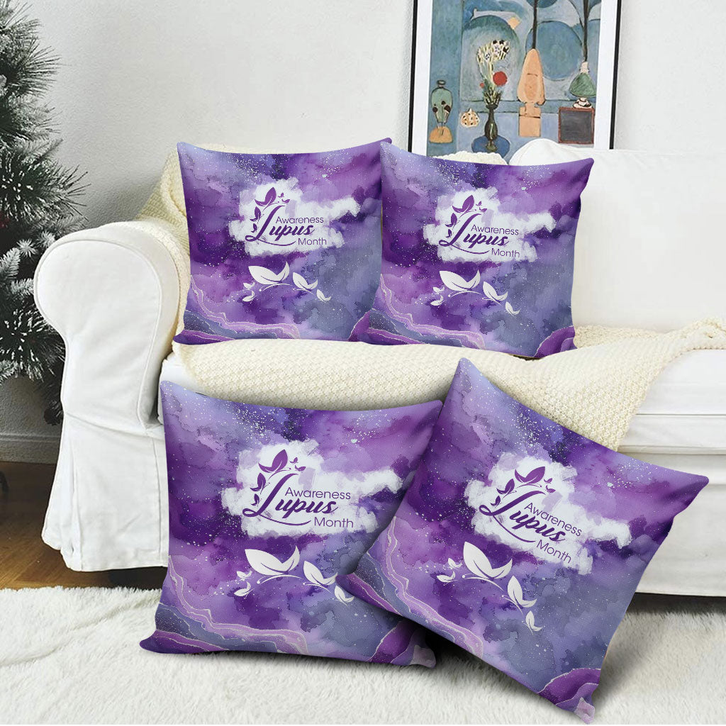 Lupus Awareness Month Pillow Cover Purple Ribbon Watercolor Galaxy Butterfly Floral Support Art