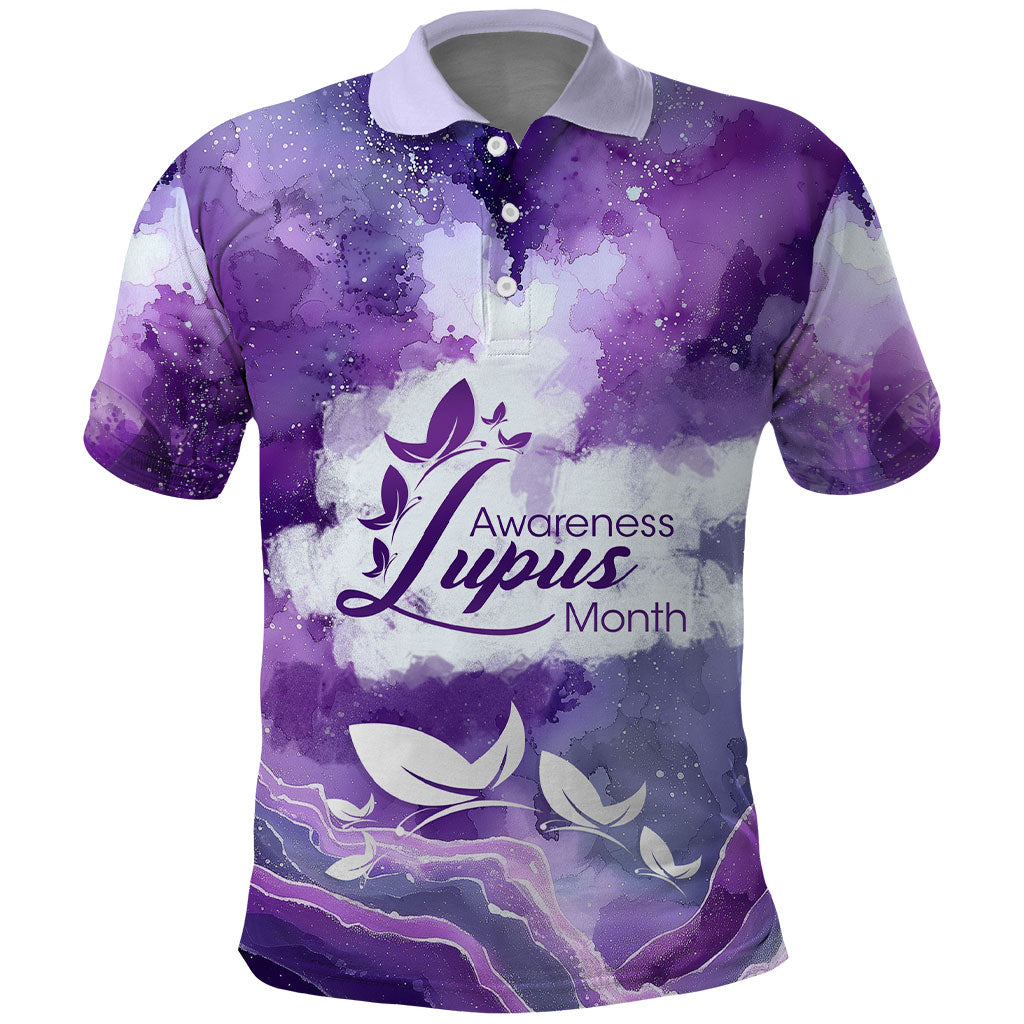 Lupus Awareness Month Polo Shirt Purple Ribbon Watercolor Galaxy Butterfly Floral Support Art
