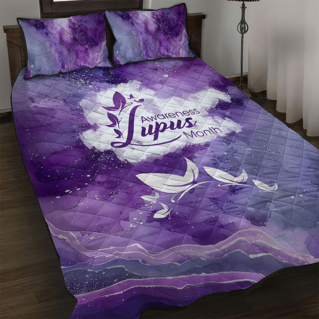 Lupus Awareness Month Quilt Bed Set Purple Ribbon Watercolor Galaxy Butterfly Floral Support Art