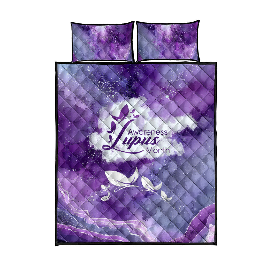 Lupus Awareness Month Quilt Bed Set Purple Ribbon Watercolor Galaxy Butterfly Floral Support Art