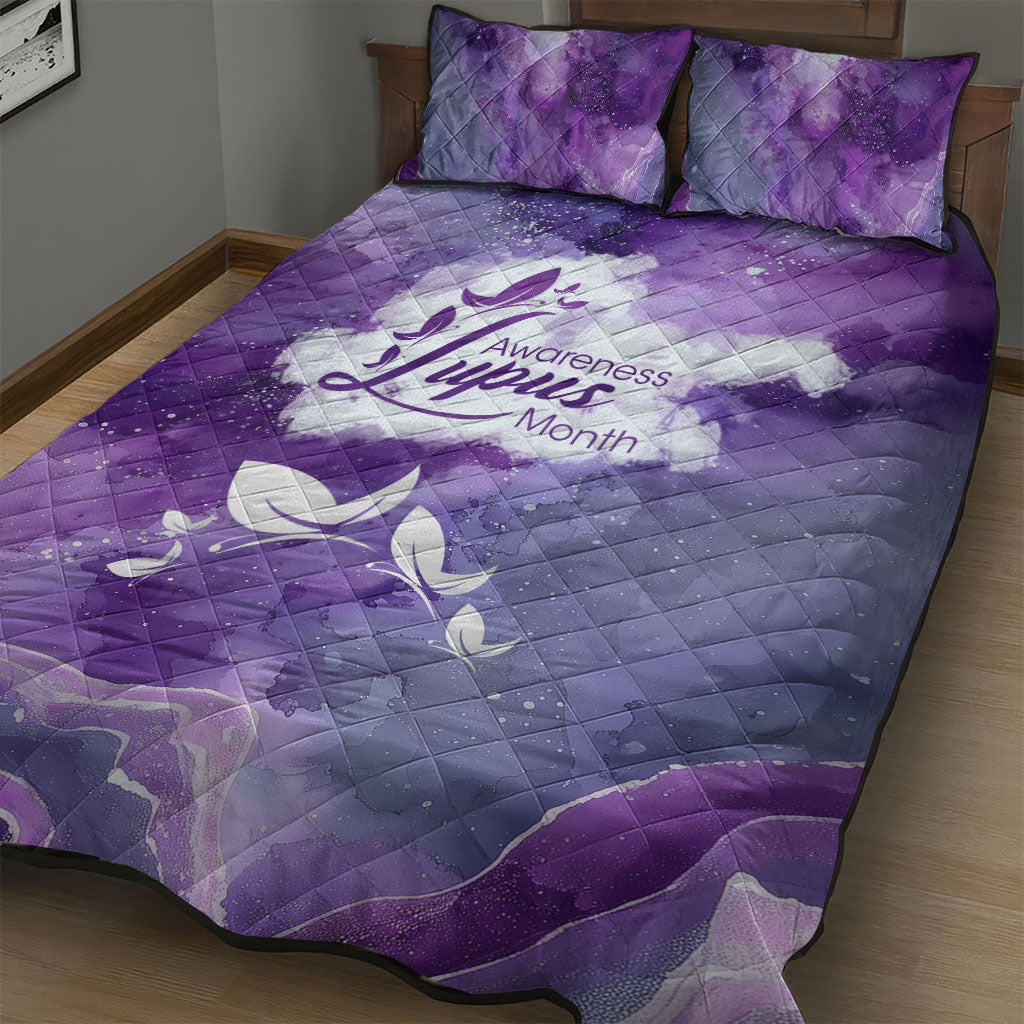 Lupus Awareness Month Quilt Bed Set Purple Ribbon Watercolor Galaxy Butterfly Floral Support Art